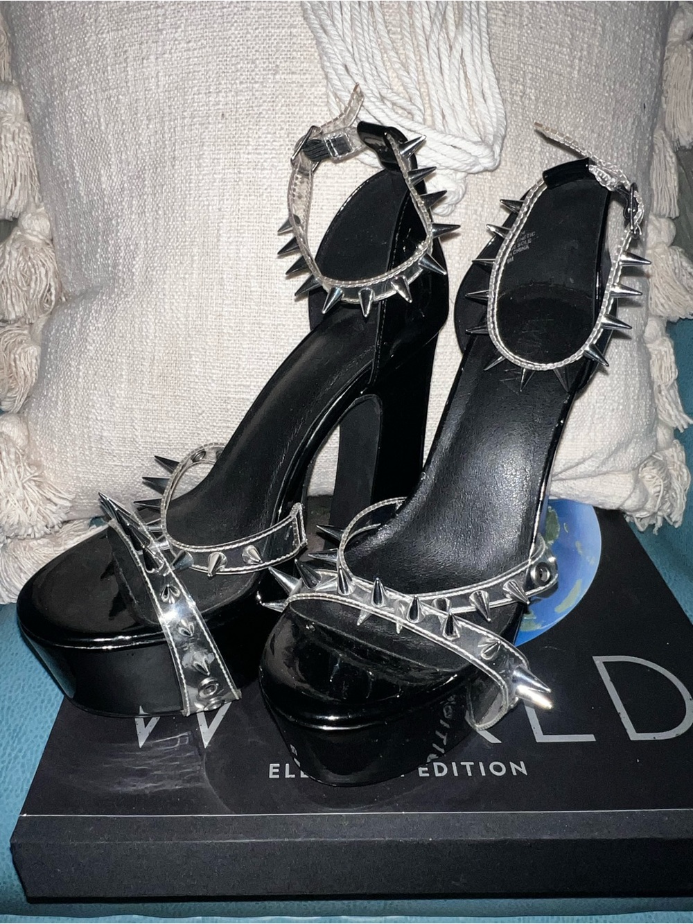 Widow Dolls Kill Black Patent Spike Platform Heels with Silver Studs